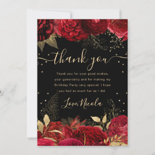 Red and Gold Roses Border Floral Birthday Thank You Card