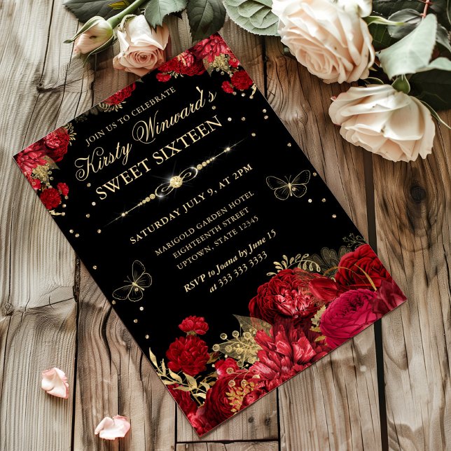 Red and Gold Roses Border Floral Sweet Sixteen Invitation (Creator Uploaded)