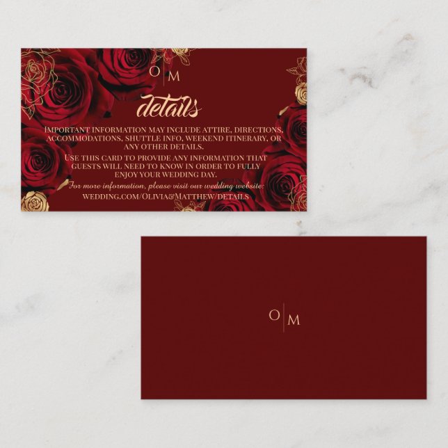 Red and Gold Roses Floral Details Wedding  Enclosure Card (Front/Back)