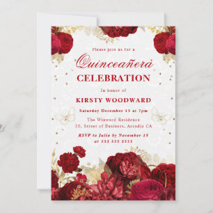 Red and Gold Roses Floral Quinceanera Invitation