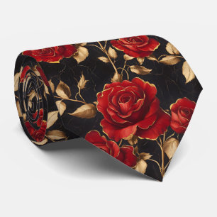 Red and Gold Roses On Black Background Tie