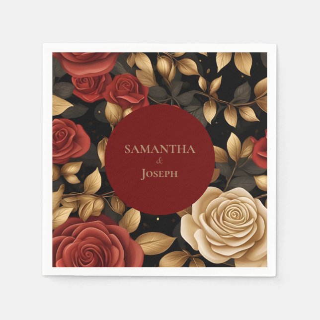 Red and Gold Roses Wedding Napkin (Front)