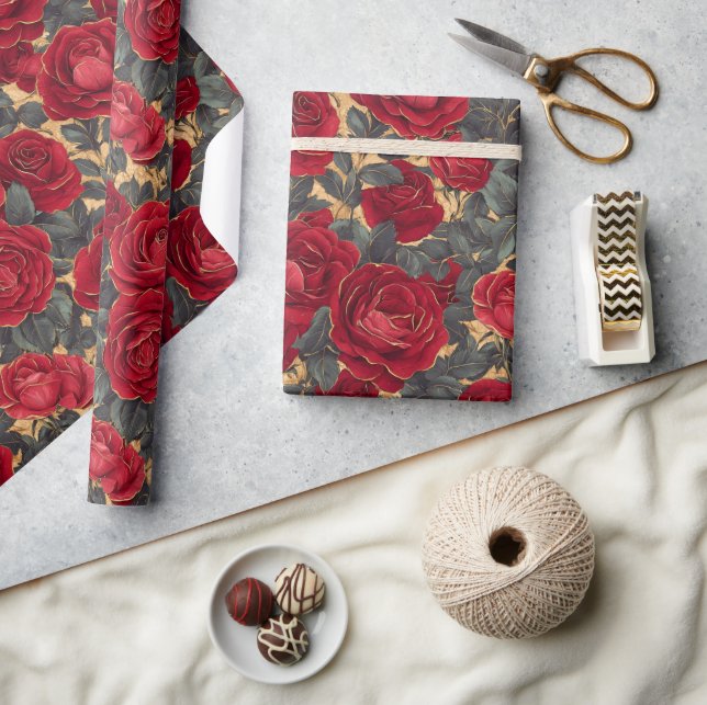 Red and Gold Roses  Wrapping Paper (Crafts)