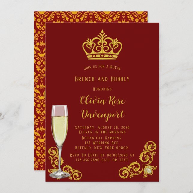 Red and Gold Royal Crown Brunch and Bubbly Invitation (Front/Back)