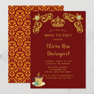 Red and Gold Royal Crown Damask Bridal Tea Party Invitation