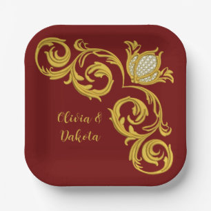 Red and Gold Royal Crown Wedding Paper Plate