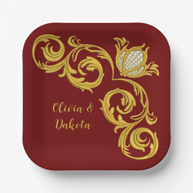 Red and Gold Royal Crown Wedding Paper Plate (Front)