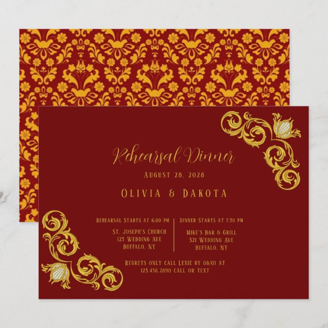 Red and Gold Royal Wedding Rehearsal Dinner  Invitation (Front/Back)