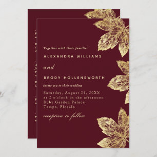 Red And Gold Rustic Foil Leaf All In One Wedding  Invitation