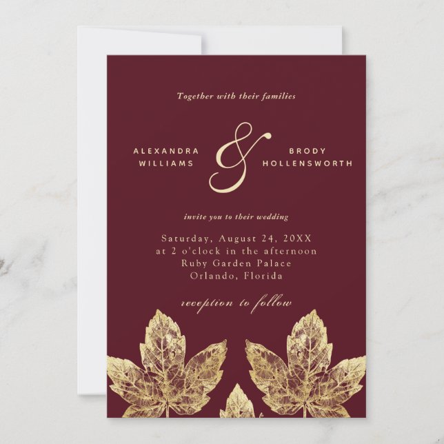 Red and Gold Rustic Gold Foil Leaves Wedding  Invitation (Front)