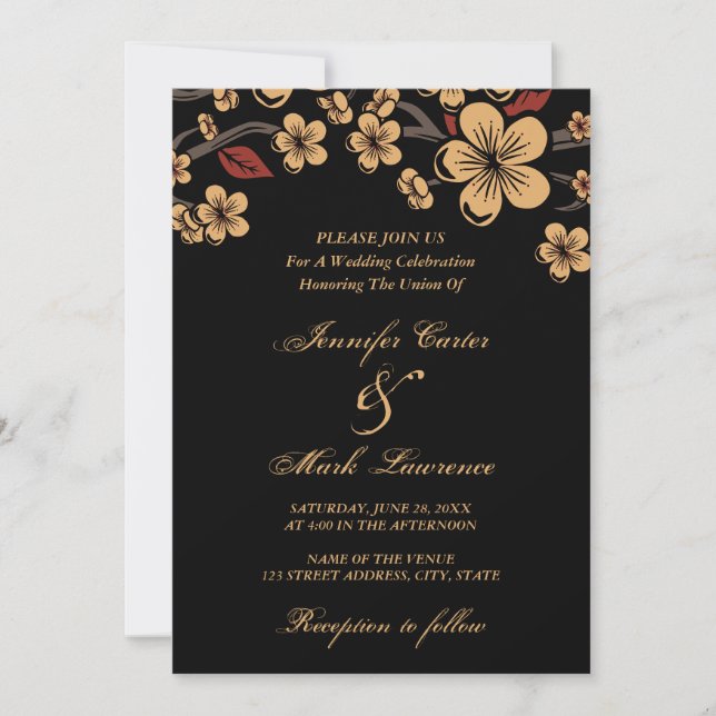 Red and Gold Sakura Cherry Blossom Wedding Invitation (Front)