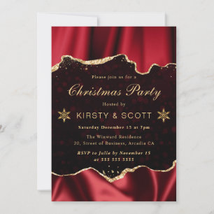 Red and Gold Satin Ribbon Christmas Party Invitation