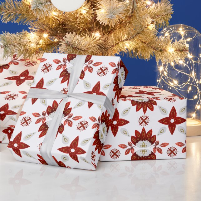 Red and Gold Scandinavian Kaleidoscope Pattern Wrapping Paper (Holidays)