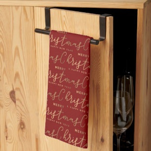 Red and Gold Script Merry Christmas Happy New Year Tea Towel