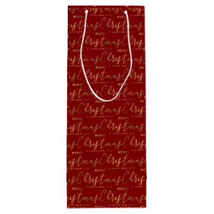 Red and Gold Script Merry Christmas Happy New Year Wine Gift Bag
