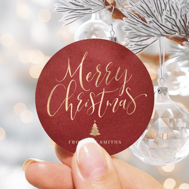 Red and Gold Simple Calligraphy Merry Christmas Classic Round Sticker (Red and Gold Simple Calligraphy Merry Christmas Classic Round Sticker)