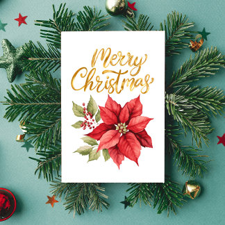 Red and Gold Simple Classic Poinsettia Holiday Card