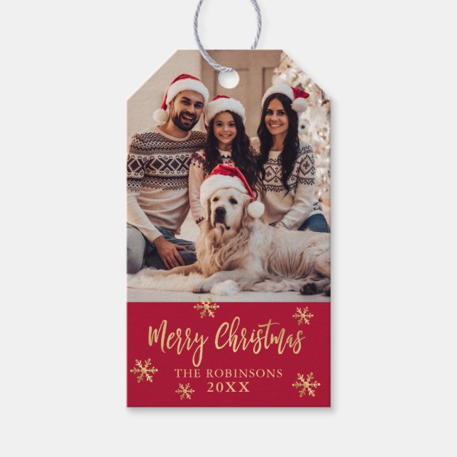 Red and Gold Snowflake Family Photo Christmas  Gift Tags (Front)