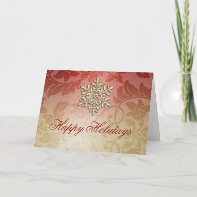 Red and Gold Snowflake Shimmer Damask Holiday Card (Front)