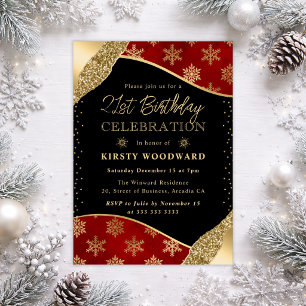 Red and Gold Snowflakes 21st Birthday Invitation