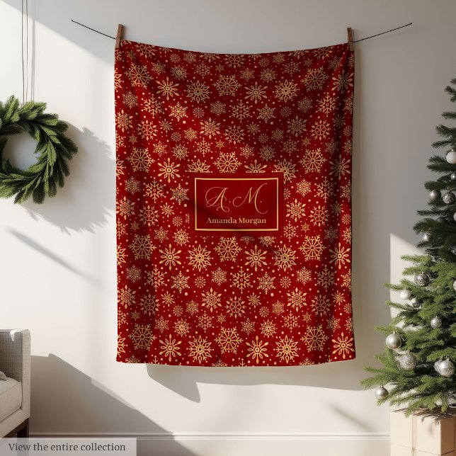 Red and Gold Snowflakes Personalised Christmas Fleece Blanket (Personalized Throw Blanket Red Gold Luxe Christmas)