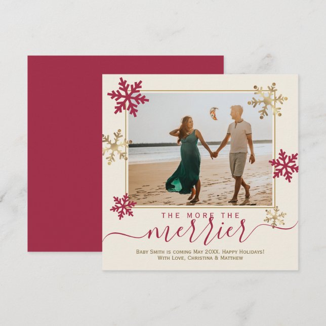 Red and Gold Snowflakes Photo Christmas Pregnancy  Announcement (Front/Back)