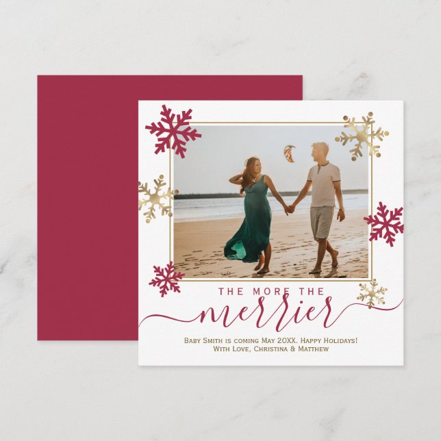 Red and Gold Snowflakes Photo Christmas Pregnancy  Announcement (Front/Back)