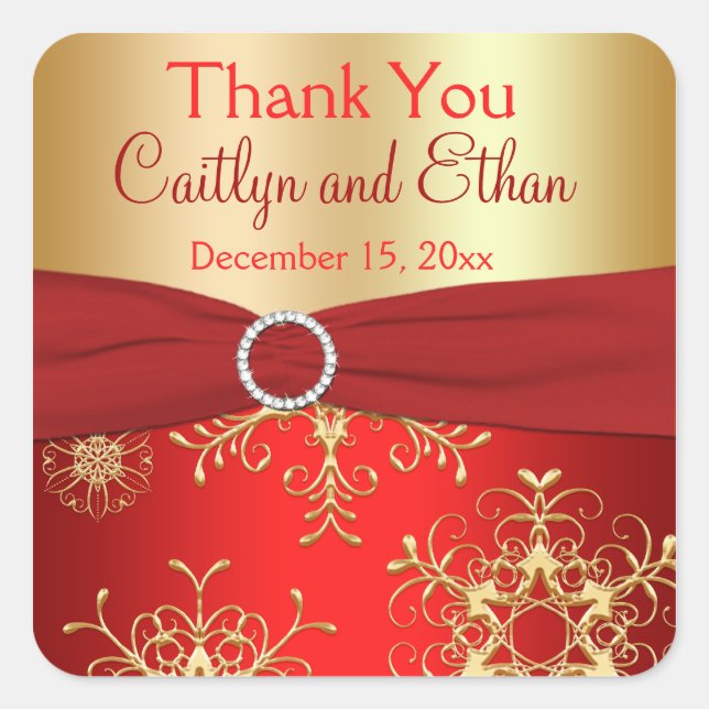 Red and Gold Snowflakes Wedding Favour Sticker (Front)