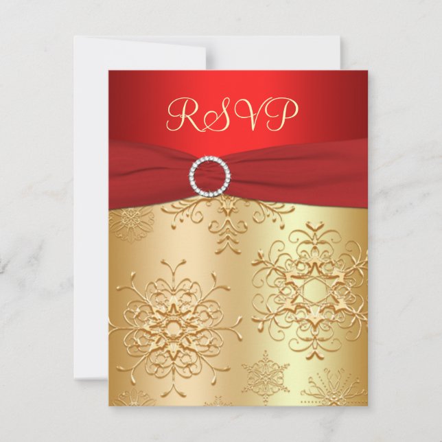 Red and Gold Snowflakes Wedding RSVP Card (Front)