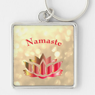 Red and Gold sparkle Namaste Lotus Flower Key Ring