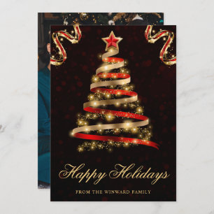 Red and Gold Sparkly Ribbon Tree Christmas Holiday Card