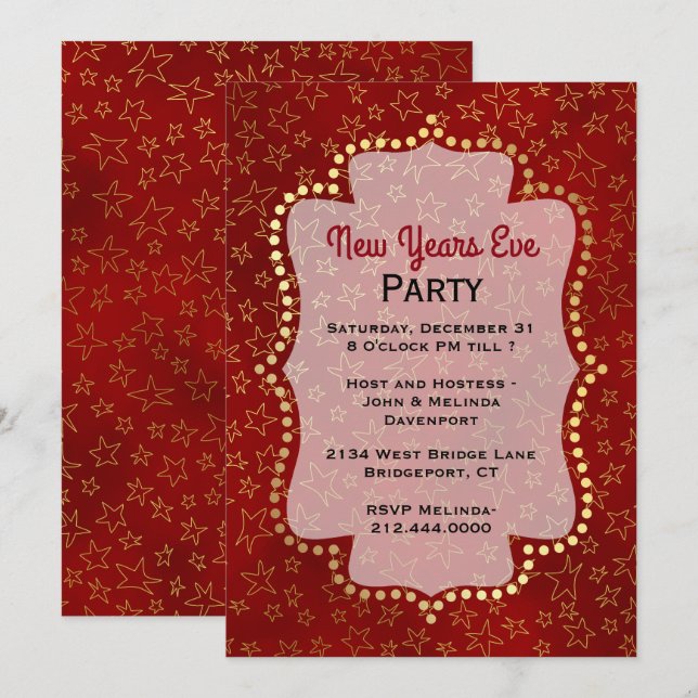Red and Gold Stars New Years Eve Party Invitation (Front/Back)