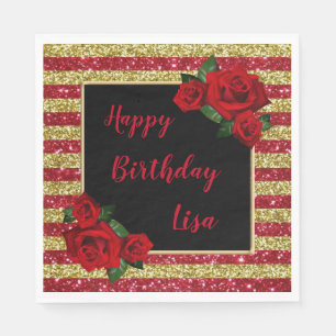 Red And Gold Stripes Glitter Red Roses Birthday Napkin
