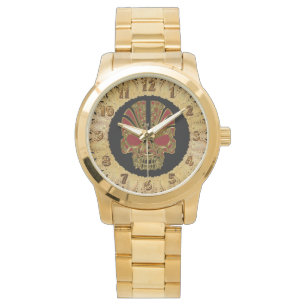 Red and gold sugar skull cranium design watch