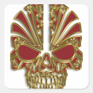 Red and gold sugar skull cranium square sticker