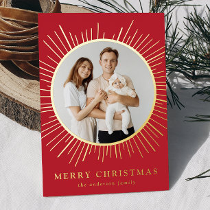 Red and Gold Sunburst Merry Christmas Photo Foil Holiday Card