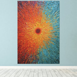 Red and Gold Sunburst with Blue Tones Abstract Canvas Print