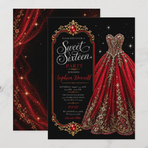 Red and Gold Sweet 16 Birthday Dress Invitation