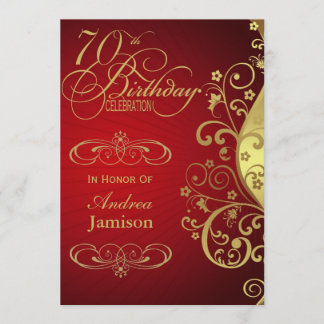 Red and Gold Swirl 70th Birthday Party Invitation