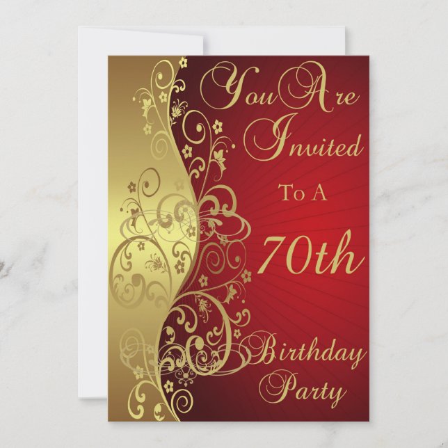 Red and Gold Swirl 70th Birthday Party Invitation (Front)