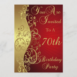 Red and Gold Swirl 70th Birthday Party Invitation