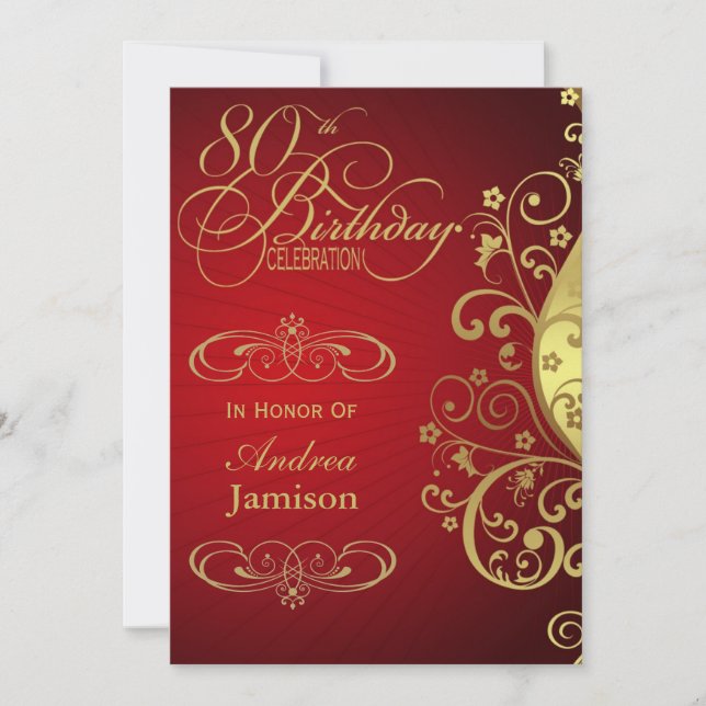 Red and Gold Swirl 80th Birthday Party Invitation (Front)