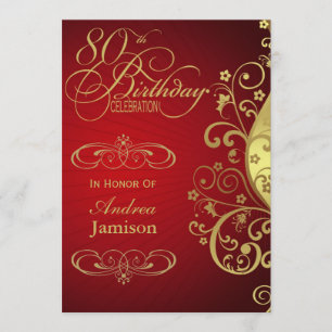 Red and Gold Swirl 80th Birthday Party Invitation