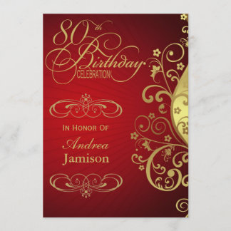 Red and Gold Swirl 80th Birthday Party Invitation