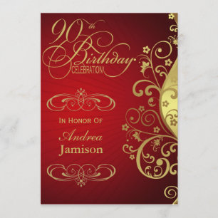 Red and Gold Swirl 90th Birthday Party Invitation
