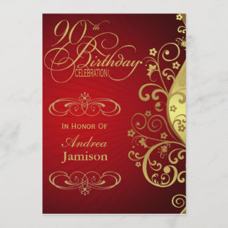 Red and Gold Swirl 90th Birthday Party Invitation