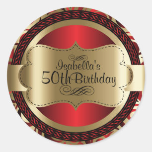 Red and Gold Swirl Abstract 00th Birthday Classic Round Sticker