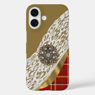 Red and gold tartan plaid and lace iPhone 16 case