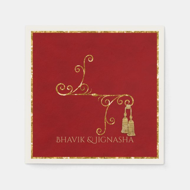 Red and Gold Tassel Indian Wedding Napkin (Front)