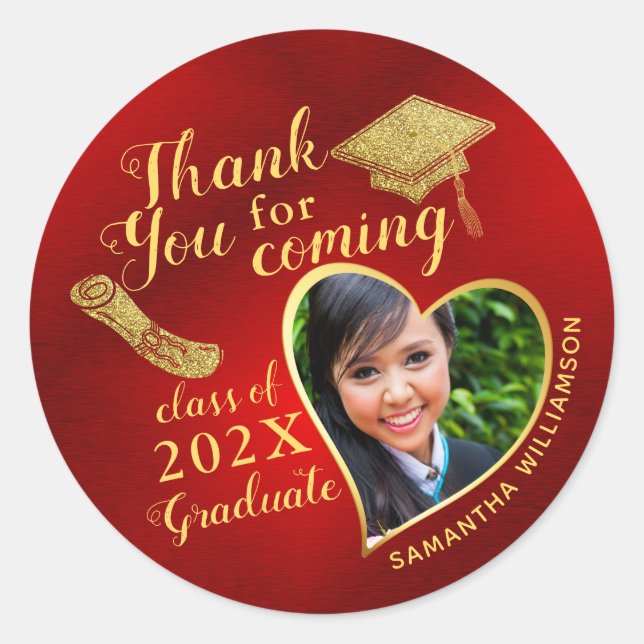 Red and Gold Thank You Class of 2025 Graduation Classic Round Sticker (Front)